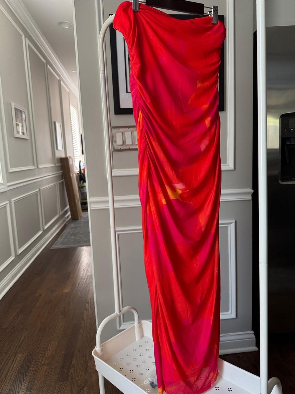 Fuchsia-Red Strapless Ruched Maxi Dress
